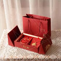 黄金盒三喜字首饰盒戒指项链手镯盒结婚嫁妆五金饰品盒红色金婚L