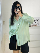 TYST淡绿色衬衫女秋款长袖防晒衣学生清新外穿衬衣小众纯色上衣