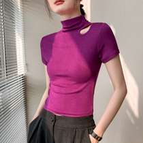半高领短袖t恤女2024春季修身显瘦紫色设计感正肩内搭打底衫上衣