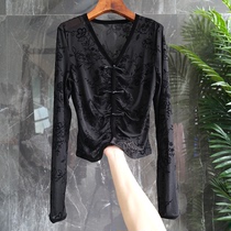 一线大牌撤柜中国风黑色丝绒提花长袖衬衫女V领设计感新中式上衣