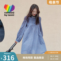 rainbow女春夏季长袖连衣裙克莱因蓝格子小众设计裙子RK11DR905A
