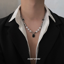 珍珠黑宝石钛钢项链女小众设计感高级锁骨链男毛衣链2024年新款潮
