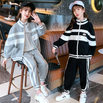 韩系儿童装女童春秋两件套儿童套装运动休闲无帽立领外套长裤学生