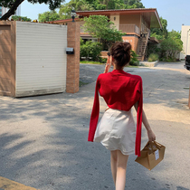 OKMA 红色防晒针织开衫女夏季薄款外搭长袖透气休闲短款披肩上衣