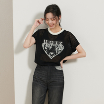 UGIZ商场同款夏新品韩版女装圆领logo印花图案薄针织上衣UBWG905