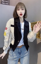 韩范时尚拼色棒球服女宽松2024春季新款夹克西装领上衣显瘦短外套