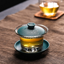 会丰中式耐热玻璃茶杯盖碗家用陶瓷三才泡茶碗加厚带盖透明敬茶碗