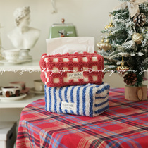 秋冬圣诞新年红色华夫格氛围桌面装饰纸巾袋蓝条纹纸巾收纳包布艺