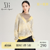 XG雪歌拼色设计长袖毛针织衫2023秋季新款浅黄色套头V领羊毛衫女