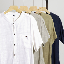 亚麻衬衫男士短袖夏季新品舒适透气宽松开衫大码薄款立领棉麻T恤