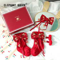 婴儿新生儿宝宝公主礼盒满月红色喜庆过年中国风礼物发带袜子套装
