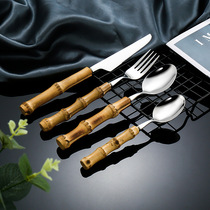 创意天然竹木柄304不锈钢刀叉勺餐具四件套家用西餐牛排刀叉套装