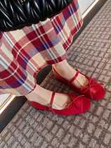 szxn低跟法式蝴蝶结芭蕾舞鞋2024春季新款红色玛丽珍鞋女平底单鞋