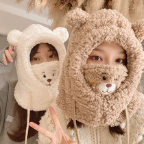小熊帽子女冬季韩版可爱百搭头套骑车围巾保暖口罩厚围脖一体-YZ