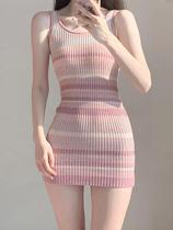 新款粉色条纹背心吊带连衣裙女夏季小个子修身显瘦包臀性感短裙子