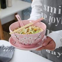 陶瓷7寸碗泡面碗学生餐具套装樱花可爱少女心大碗带盖盘勺子汤碗
