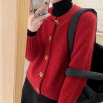 红色复古日系毛衣开衫女2021年秋冬新款显瘦宽松针织衫外搭外套