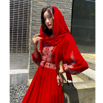 云南民族风茶卡盐湖连衣裙新疆草原沙漠海边长裙西藏青海旅游红裙
