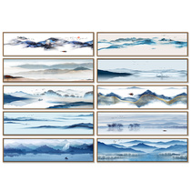 新中式抽象山水风景装饰画水墨水彩意境横版床头画打印自粘画布芯