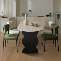 法式复古风餐桌椅长方形白蜡木诧寂风实木饭桌洞石岩板半圆桌子