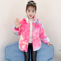 韩版小女孩扎染彩色立领外套秋冬装新款洋气女童加绒保暖毛毛衣潮