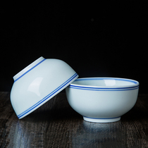 双线景德镇餐具简约蓝边陶瓷米饭碗4.5/5英寸面碗粥碗可定制加字