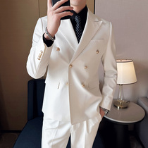 西装男套装双排扣主持人休闲白色礼服潮戗驳领商务修身西装三件套