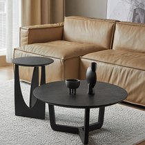 北欧黑色实木圆形茶几高低组合沙发小边几简约客厅家用沙发边桌