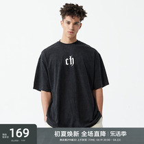 CHINISM  CH美式短袖t恤男水洗黑色宽松潮牌纯棉夏季男生半袖上衣