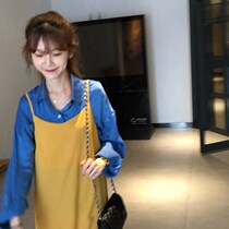 乌77 韩国 好看的姜黄色套头V领无袖吊带裙中长款雪纺连衣裙女夏
