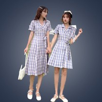 夏季韩版2020新款网红闺蜜装A字高腰显瘦西装领短袖连衣裙女裙子