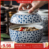 日式复古大中小带盖陶瓷碗泡面水蒸碗碗家用宝宝放烫炖盅碗精致碗