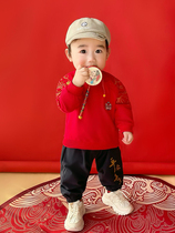 男宝宝一周岁宴中国风红色卫衣抓周衣服纯棉男童唐装礼服秋天套装