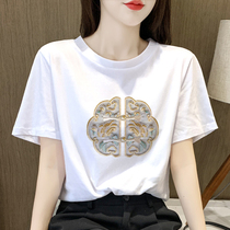 新中式国风纯棉白色短袖t恤2024夏季新款欧货胖mm大码女装上衣服
