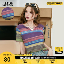 妖精的口袋彩虹条纹短袖t恤女2024年春夏新款设计感休闲显瘦上衣