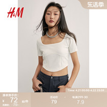 HM女装T恤2024夏季新款重磅方领短袖紧身胸衣式短款上衣1233309