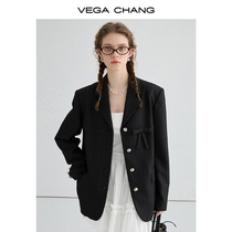 VEGA CHANG黑色小西装女2024年春季新款高级感暗纹蝴蝶结西服外套