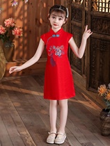 儿童旗袍夏季复古连衣裙女童中国风小女孩宝宝改良洋气红色演出服