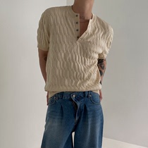 MRCYC亨利领针织衫t恤男士短袖夏季薄款麻花设计韩版潮流宽松半袖
