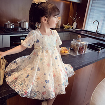 女童公主裙夏季新款儿童裙子韩版洋气蝴蝶蕾丝裙女孩泡泡袖连衣裙