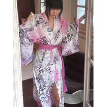 QSC原创设计粉色豹纹三件套宽松外套披肩长袖长款浴衣连衣裙晨袍