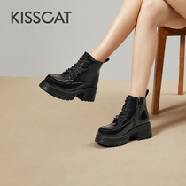 KISSCAT接吻猫2023年冬季新款时尚增高短靴厚底加绒户外马丁靴女