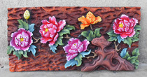 东巴新款植物木刻民族工艺品云南特色木雕重彩手工彩绘精雕牡丹