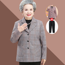 奶奶秋装格子西服上衣2021新款60岁70中老年女装春秋小西装外套女