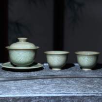 耀州窑天青秘色原矿瓷品茗杯青瓷茶具杯陶瓷浮雕山水盖碗组