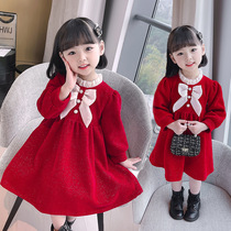 女童红色连衣裙加绒秋冬新款2022韩版小童公主裙加厚儿童冬裙洋气