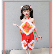 天魅中国风儿童舞蹈服男女童四季通用喜庆大红色民族舞蹈表演服