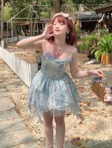 森女系原创想去海边 海边魔法 温柔法式清新碎花蓝连衣裙