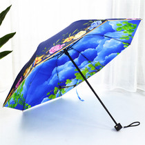 防紫外线黑胶遮阳伞女不透光防晒伞折叠插画双层太阳伞文艺晴雨伞
