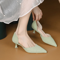 绿色包头凉鞋女法式时尚外穿细跟配裙百搭中空单鞋尖头浅口高跟鞋